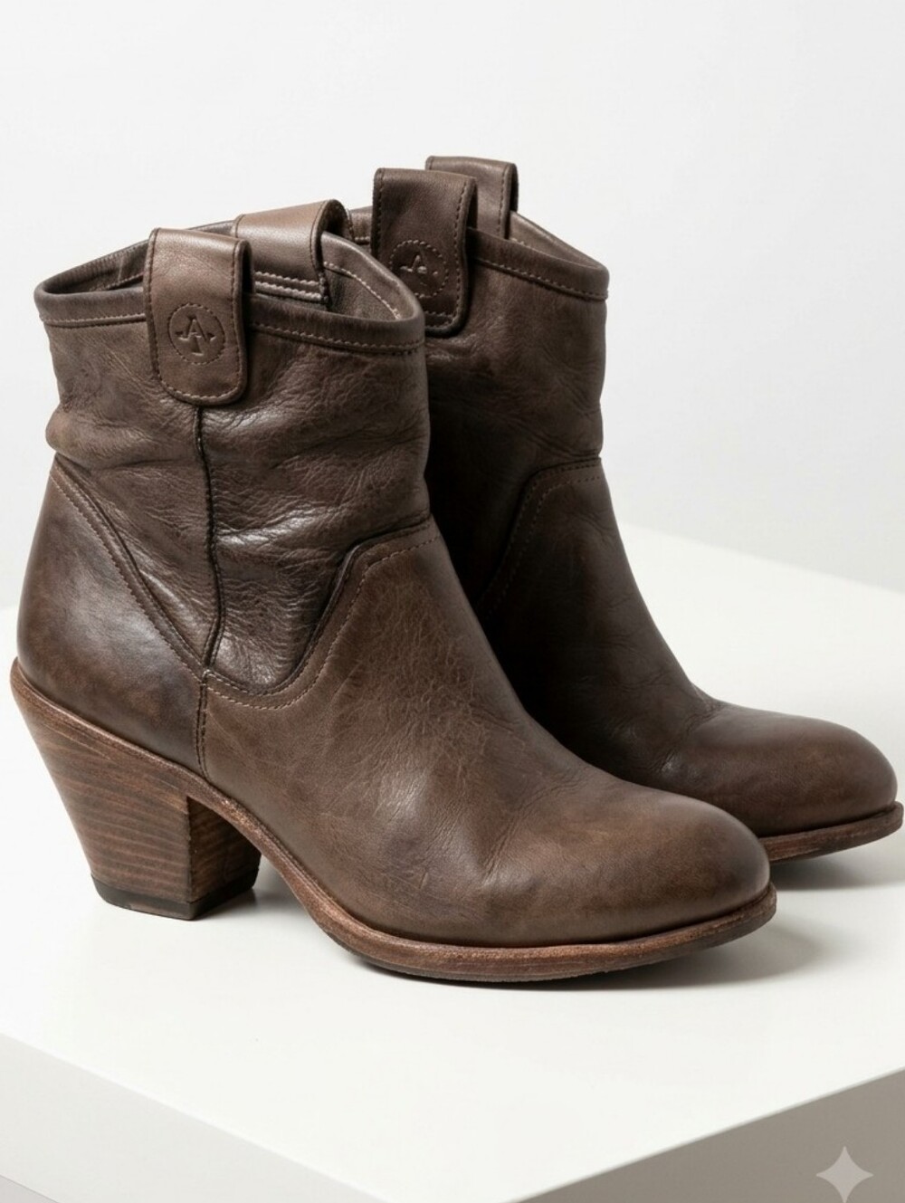 Fiorentini + Baker distressed brown leather western ankle boot.